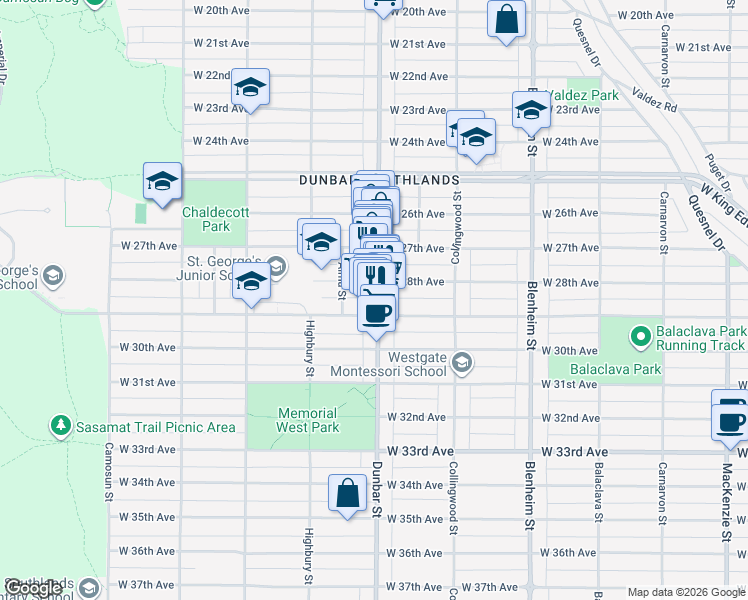 map of restaurants, bars, coffee shops, grocery stores, and more near 4455 Dunbar Street in Vancouver