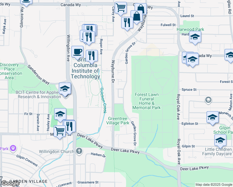 map of restaurants, bars, coffee shops, grocery stores, and more near 4245 Birchwood Crescent in Burnaby