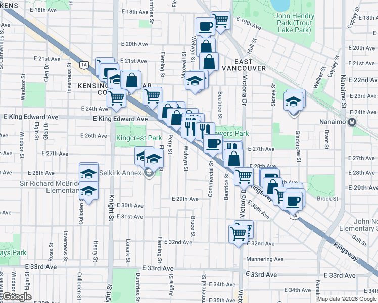 map of restaurants, bars, coffee shops, grocery stores, and more near 4292 Welwyn Street in Vancouver