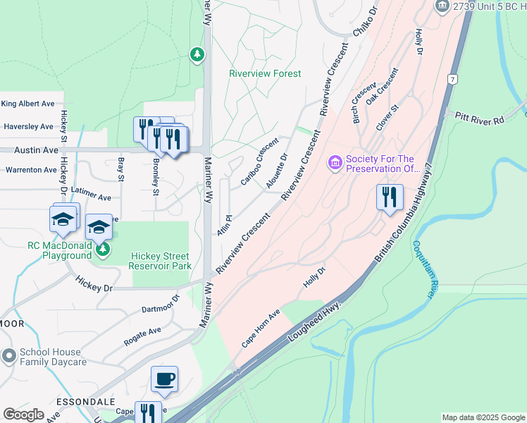 map of restaurants, bars, coffee shops, grocery stores, and more near 432 Riverview Crescent in Coquitlam