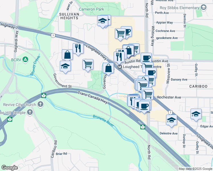 map of restaurants, bars, coffee shops, grocery stores, and more near 9550 Government Street in Burnaby