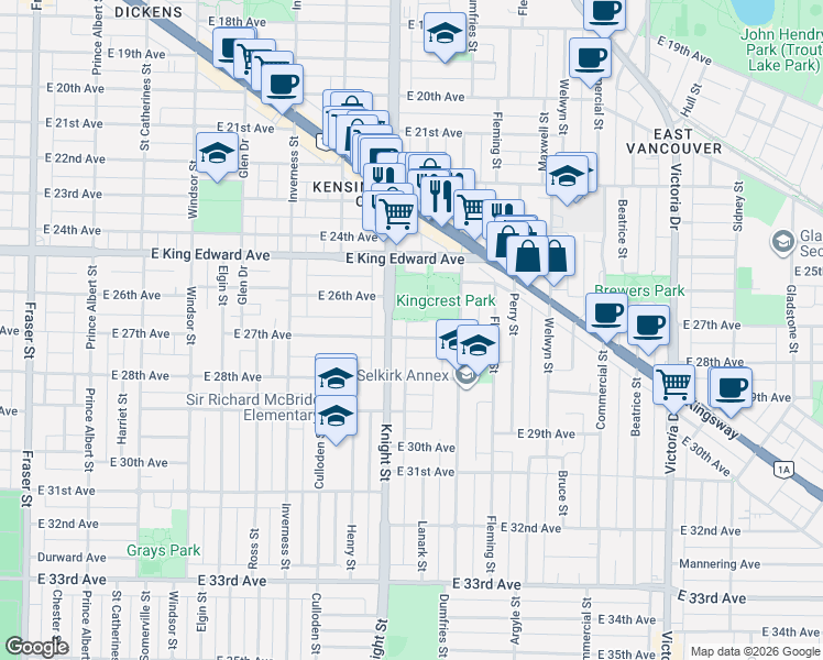 map of restaurants, bars, coffee shops, grocery stores, and more near 1421 East 27th Avenue in Vancouver