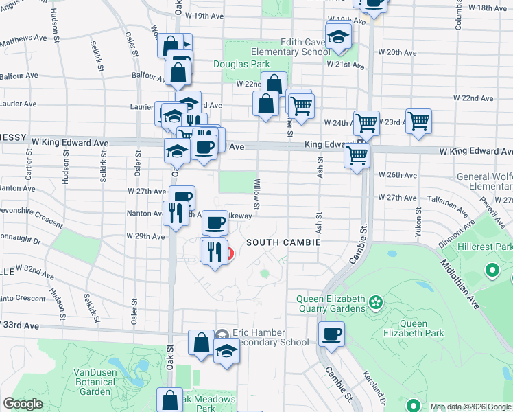 map of restaurants, bars, coffee shops, grocery stores, and more near Willow Street in Vancouver
