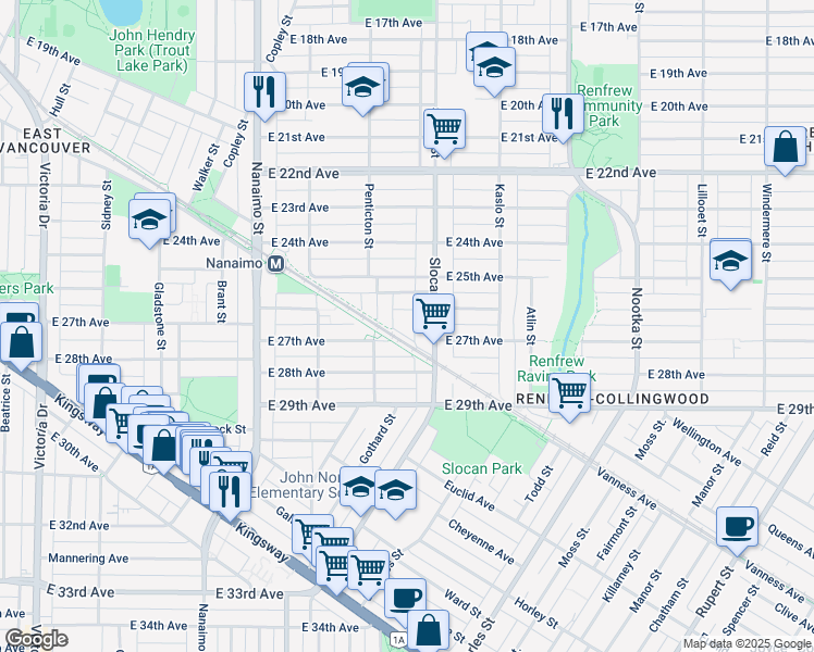 map of restaurants, bars, coffee shops, grocery stores, and more near in Vancouver