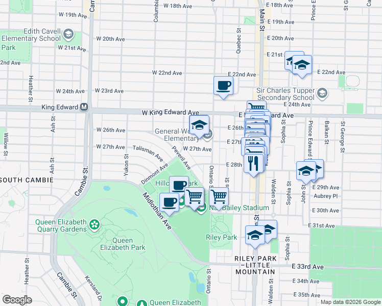 map of restaurants, bars, coffee shops, grocery stores, and more near 88 West 27th Avenue in Vancouver