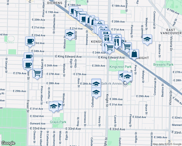 map of restaurants, bars, coffee shops, grocery stores, and more near 1243 East 27th Avenue in Vancouver