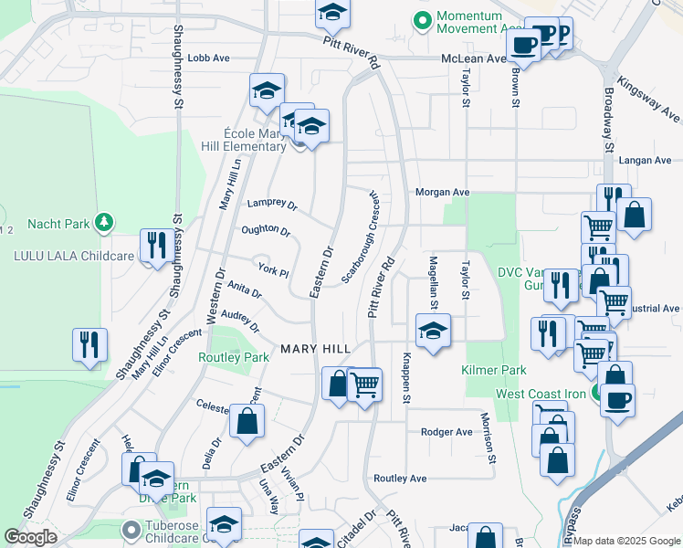 map of restaurants, bars, coffee shops, grocery stores, and more near 1648 Scarborough Crescent in Port Coquitlam