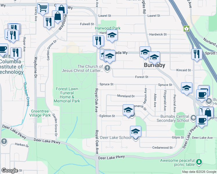 map of restaurants, bars, coffee shops, grocery stores, and more near 5320 Spruce Street in Burnaby