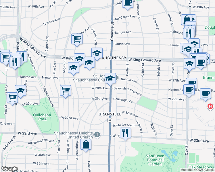 map of restaurants, bars, coffee shops, grocery stores, and more near in Vancouver