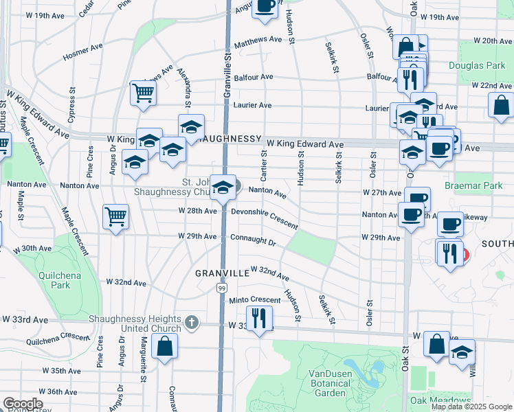 map of restaurants, bars, coffee shops, grocery stores, and more near 1401 Devonshire Crescent in Vancouver