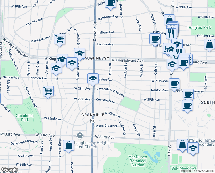 map of restaurants, bars, coffee shops, grocery stores, and more near 1401 Devonshire Crescent in Vancouver