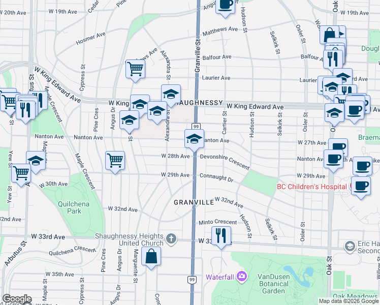 map of restaurants, bars, coffee shops, grocery stores, and more near 4355 Granville Street in Vancouver