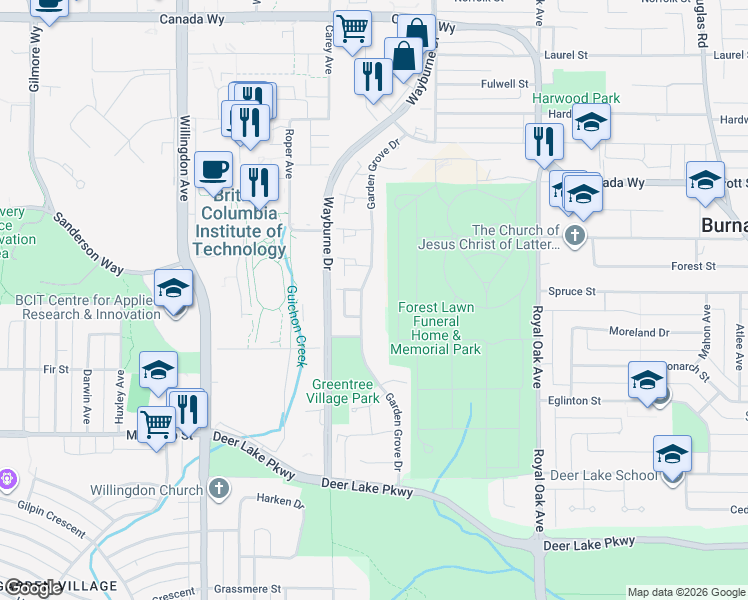 map of restaurants, bars, coffee shops, grocery stores, and more near 4208 Garden Grove Drive in Burnaby
