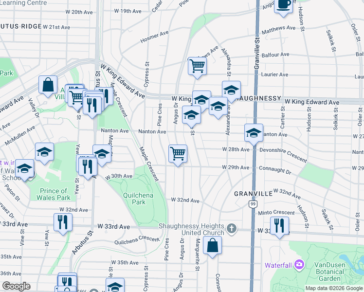 map of restaurants, bars, coffee shops, grocery stores, and more near 4388 Angus Drive in Vancouver