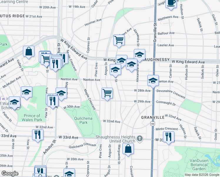 map of restaurants, bars, coffee shops, grocery stores, and more near 4388 Angus Drive in Vancouver