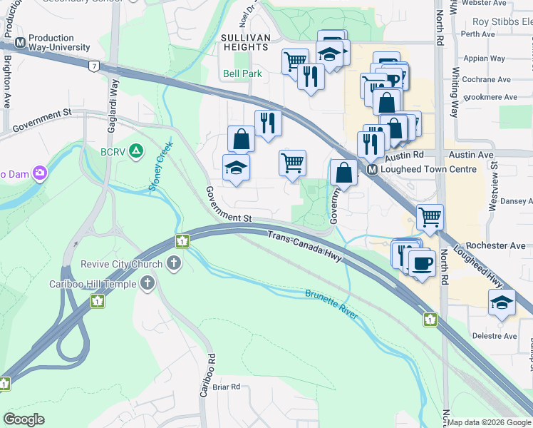 map of restaurants, bars, coffee shops, grocery stores, and more near 9133 Government Street in Burnaby