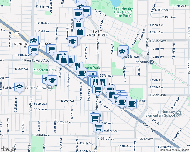 map of restaurants, bars, coffee shops, grocery stores, and more near 4281 Victoria Drive in Vancouver