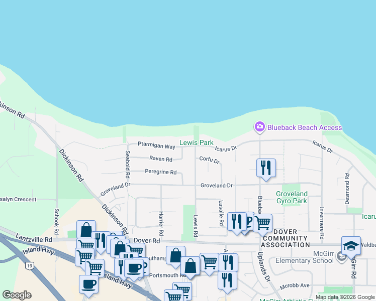 map of restaurants, bars, coffee shops, grocery stores, and more near 6457 Ptarmigan Way in Nanaimo