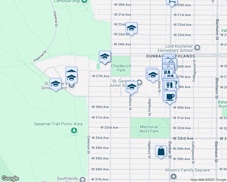 map of restaurants, bars, coffee shops, grocery stores, and more near 4492 Crown Street in Vancouver
