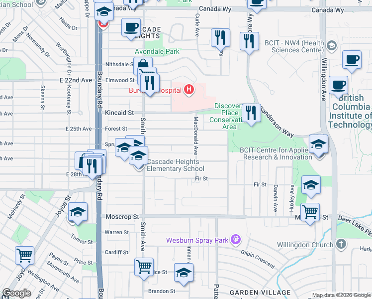 map of restaurants, bars, coffee shops, grocery stores, and more near 3968 Spruce Street in Burnaby