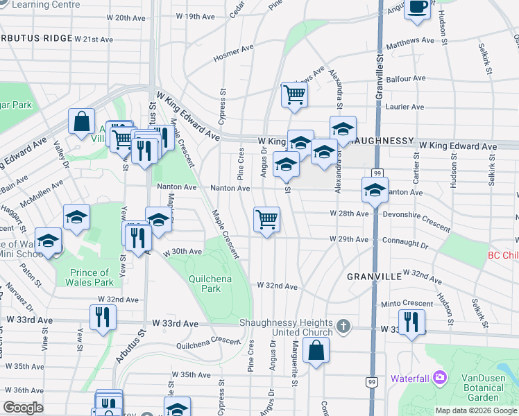 map of restaurants, bars, coffee shops, grocery stores, and more near 4387 Angus Drive in Vancouver