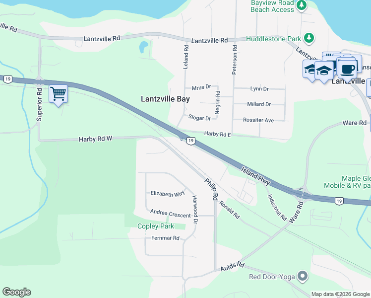 map of restaurants, bars, coffee shops, grocery stores, and more near 7447 Industrial Road in Lantzville