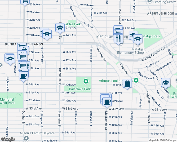map of restaurants, bars, coffee shops, grocery stores, and more near 3028 West 28th Avenue in Vancouver