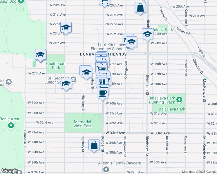 map of restaurants, bars, coffee shops, grocery stores, and more near in Vancouver