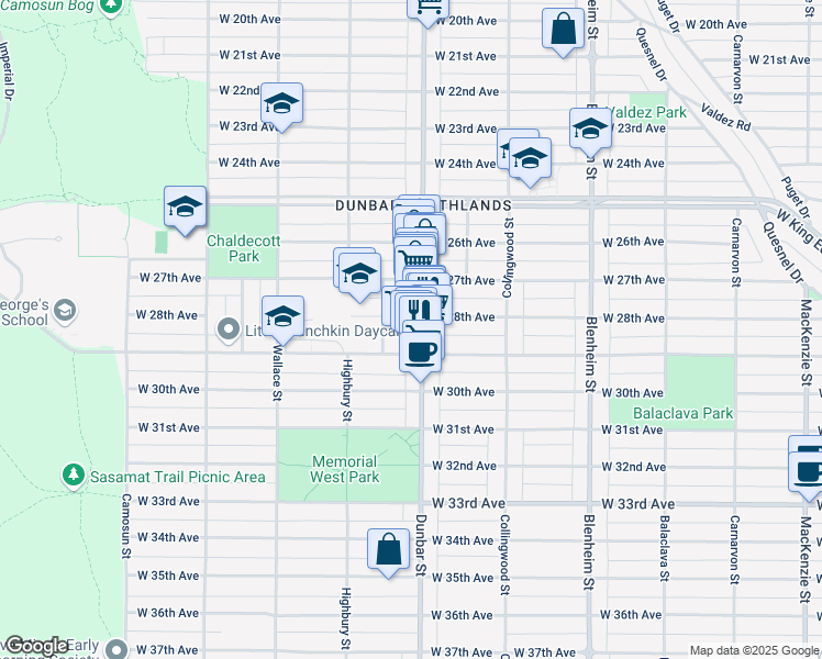 map of restaurants, bars, coffee shops, grocery stores, and more near 4445 Dunbar Street in Vancouver