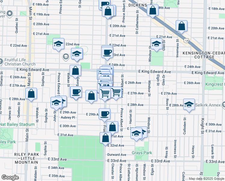map of restaurants, bars, coffee shops, grocery stores, and more near 735 East 27th Avenue in Vancouver