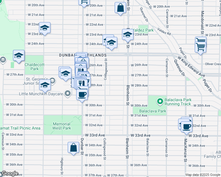 map of restaurants, bars, coffee shops, grocery stores, and more near 3478 West 28th Avenue in Vancouver