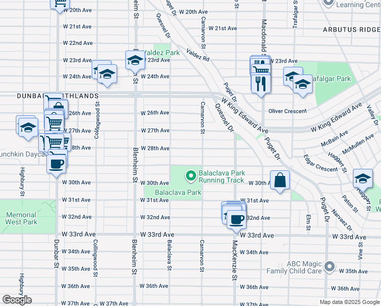map of restaurants, bars, coffee shops, grocery stores, and more near 3072 West 28th Avenue in Vancouver