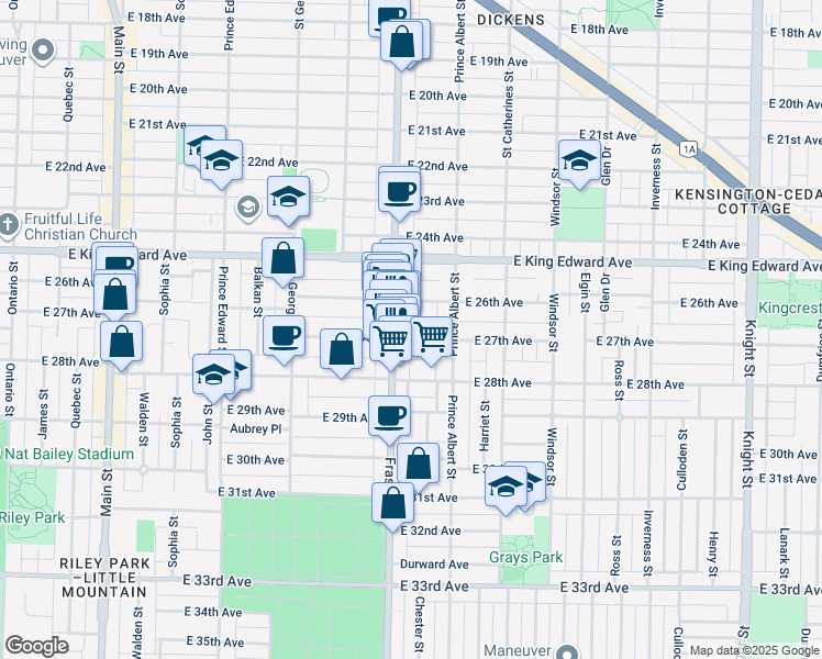 map of restaurants, bars, coffee shops, grocery stores, and more near 719 East 27th Avenue in Vancouver