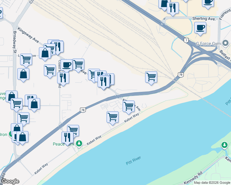 map of restaurants, bars, coffee shops, grocery stores, and more near 1225 Kingsway Avenue in Port Coquitlam