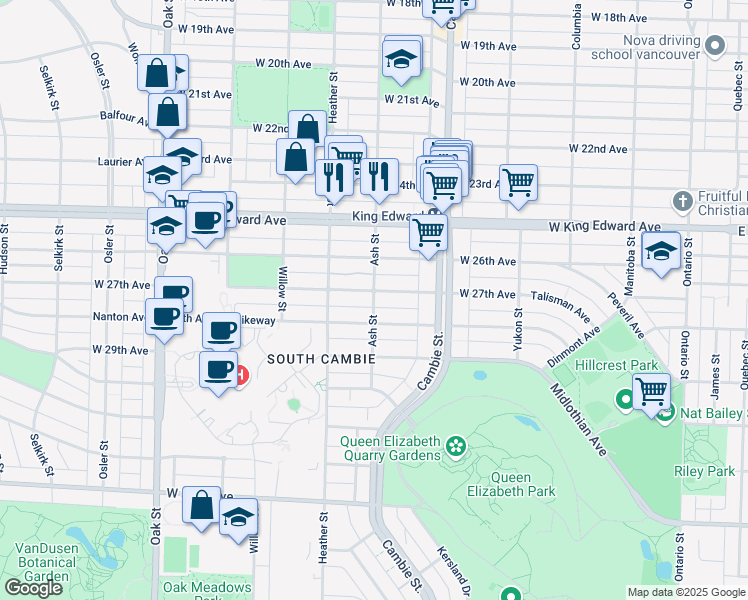 map of restaurants, bars, coffee shops, grocery stores, and more near 4422 Ash Street in Vancouver
