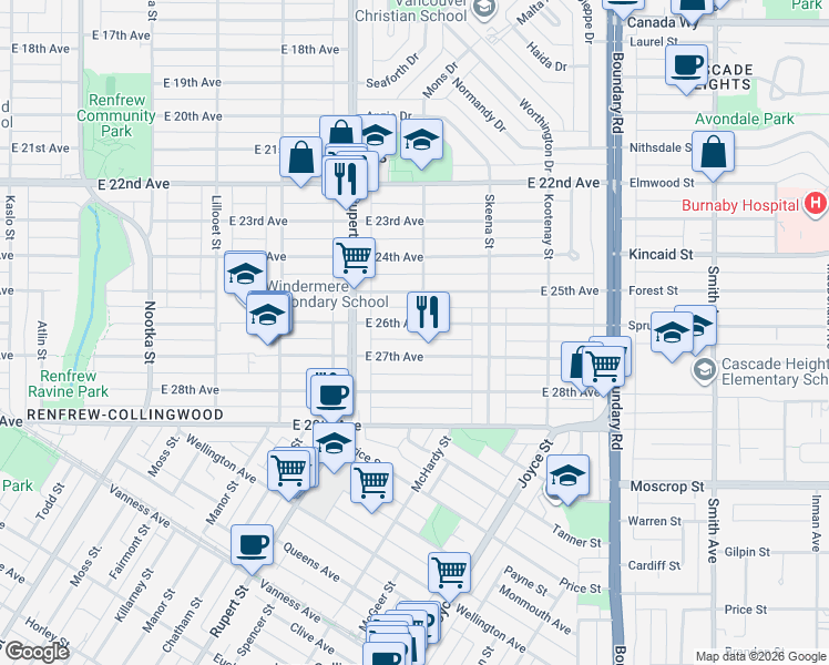 map of restaurants, bars, coffee shops, grocery stores, and more near 3378 East 26th Avenue in Vancouver