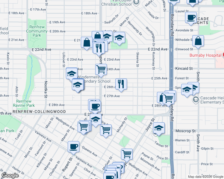 map of restaurants, bars, coffee shops, grocery stores, and more near 3342 East 26th Avenue in Vancouver