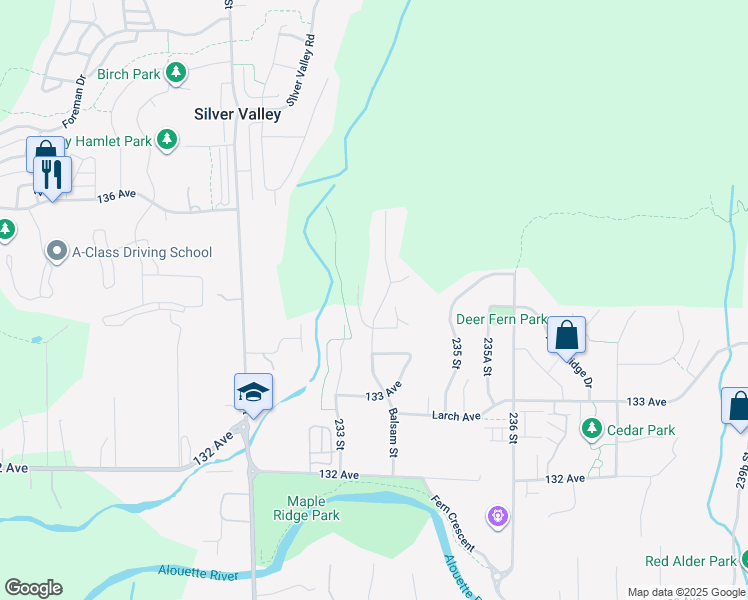 map of restaurants, bars, coffee shops, grocery stores, and more near 13466 Balsam Street in Maple Ridge
