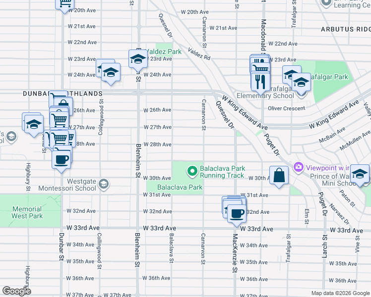 map of restaurants, bars, coffee shops, grocery stores, and more near 3116 West 28th Avenue in Vancouver