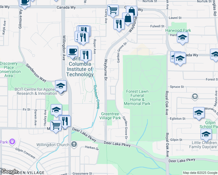 map of restaurants, bars, coffee shops, grocery stores, and more near 4209 Birchwood Crescent in Burnaby