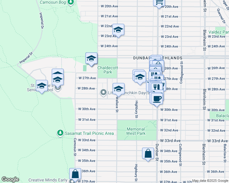 map of restaurants, bars, coffee shops, grocery stores, and more near 4477 Wallace Street in Vancouver