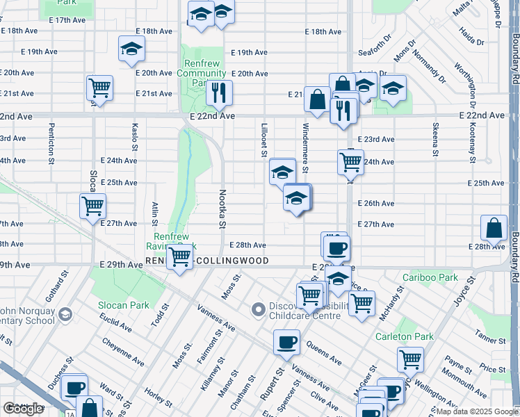 map of restaurants, bars, coffee shops, grocery stores, and more near 3096 East 26th Avenue in Vancouver