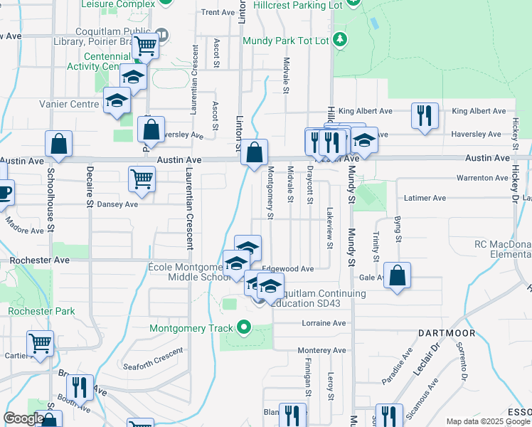 map of restaurants, bars, coffee shops, grocery stores, and more near 452 Montgomery Street in Coquitlam