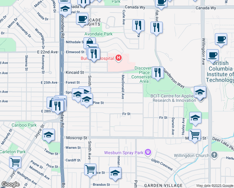 map of restaurants, bars, coffee shops, grocery stores, and more near 3968 Spruce Street in Burnaby