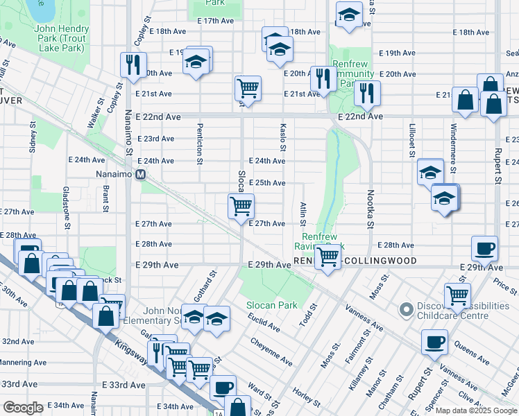 map of restaurants, bars, coffee shops, grocery stores, and more near 2738 East 26th Avenue in Vancouver