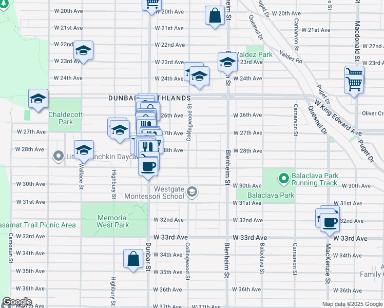 map of restaurants, bars, coffee shops, grocery stores, and more near 4420 Collingwood Street in Vancouver
