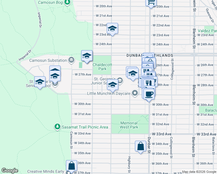 map of restaurants, bars, coffee shops, grocery stores, and more near 4475 Wallace Street in Vancouver