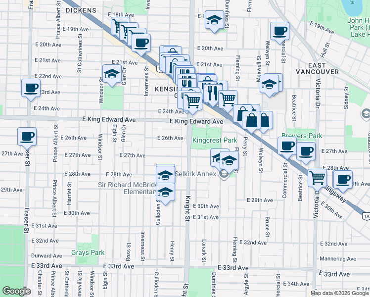 map of restaurants, bars, coffee shops, grocery stores, and more near in Vancouver