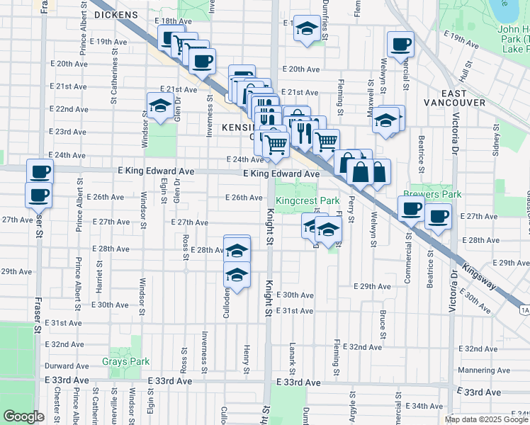 map of restaurants, bars, coffee shops, grocery stores, and more near 4257 Knight Street in Vancouver