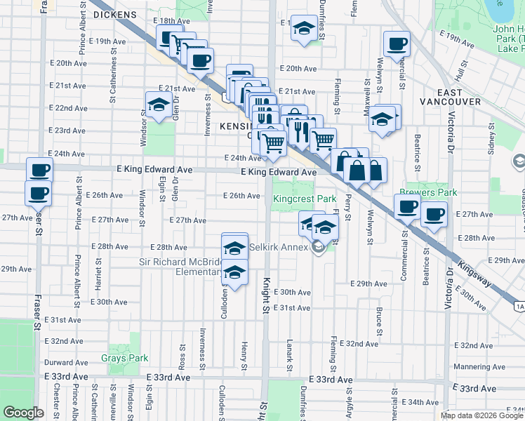 map of restaurants, bars, coffee shops, grocery stores, and more near 4257 Knight Street in Vancouver